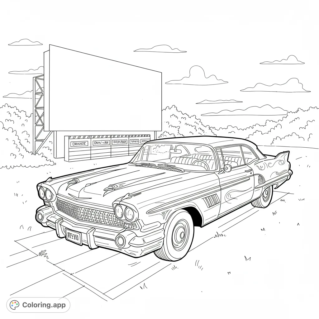 A vintage car parked at a classic drive-in movie theater, ready for a night of retro fun. Perfect for nostalgic coloring pages for adults.