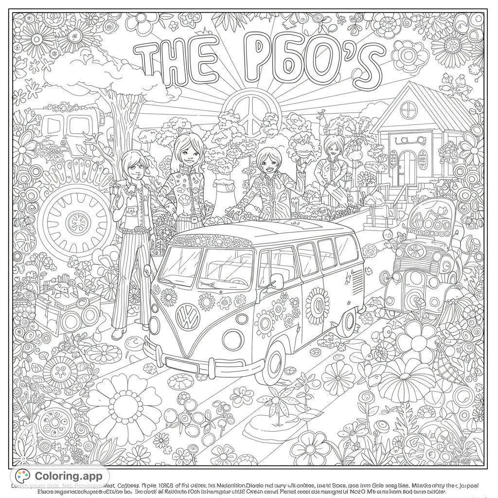 Immerse yourself in a groovy 60s hippie scene featuring a flower-adorned VW bus, peace-loving characters, and abundant floral patterns. A free printable 60s hippie coloring page for all ages.