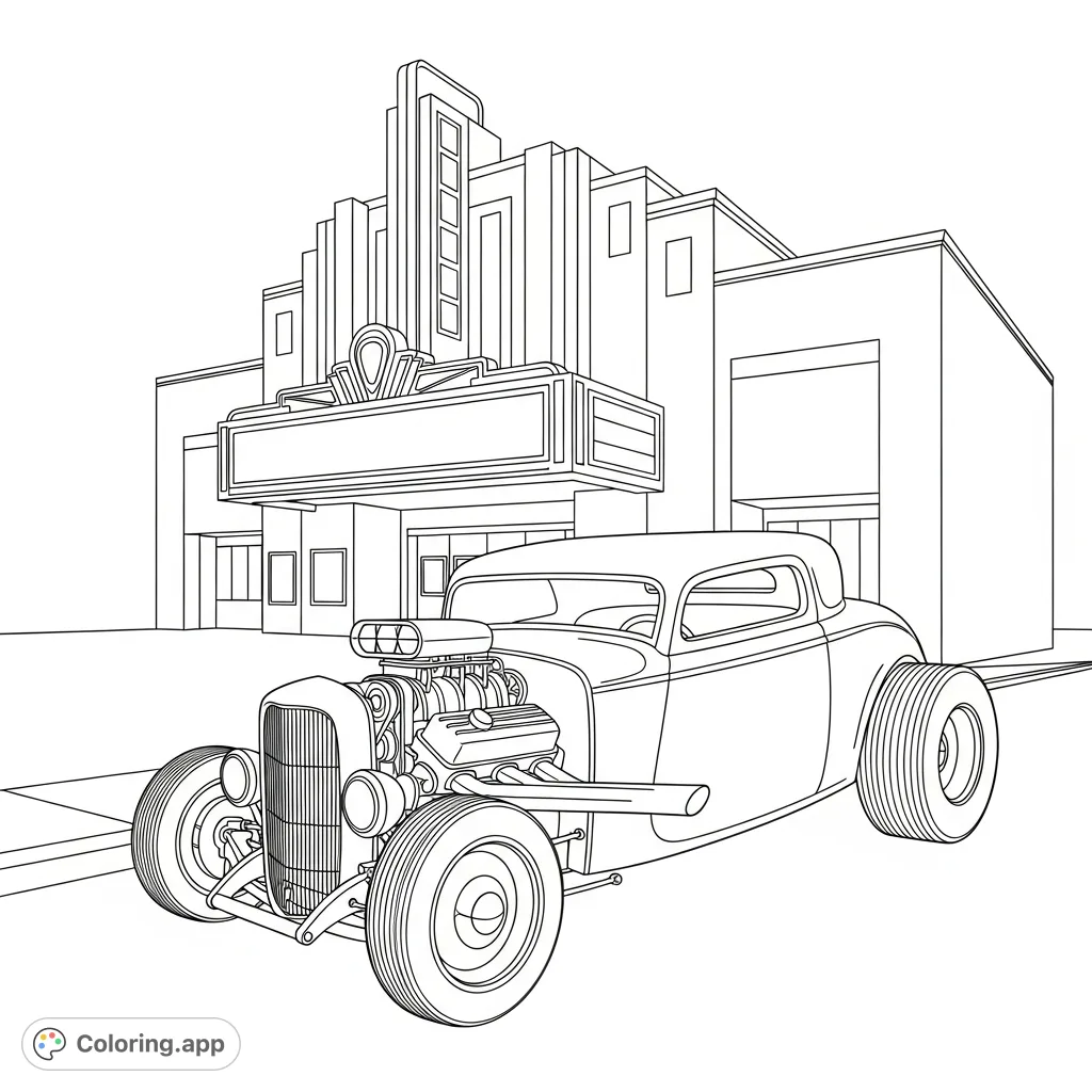 Color a classic hot rod parked before a simplified retro movie theater silhouette with a bold marquee. A nostalgic scene for car and cinema lovers.