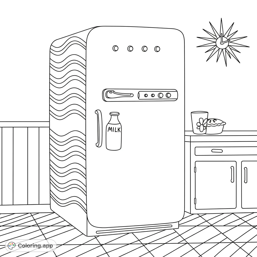 Charming retro kitchen scene with a vintage refrigerator, starburst clock, and delicious pie, a free printable coloring page for all ages.