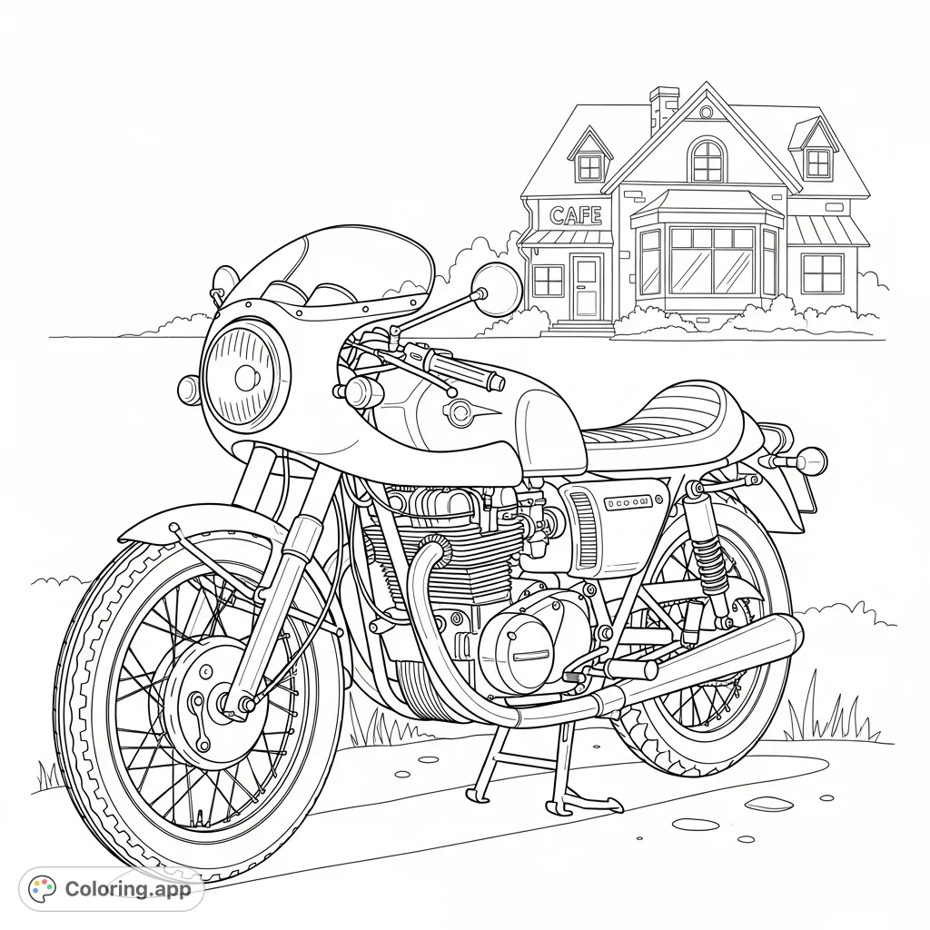 A detailed coloring page featuring a retro sport motorcycle with a round headlight and classic frame, parked invitingly outside a charming roadside cafe silhouette.