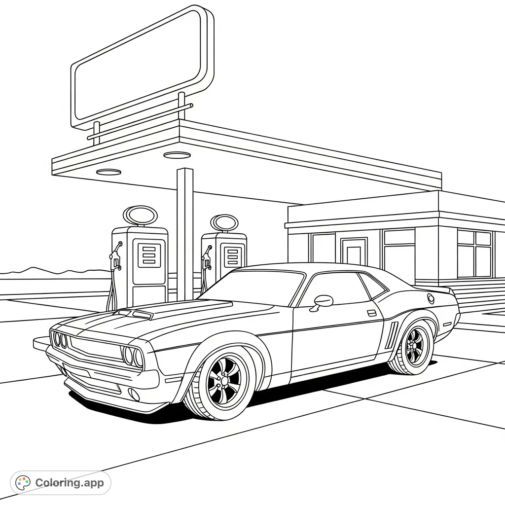 A powerful muscle car is parked at a classic retro gas station, featuring simplified fuel pumps and an iconic silhouette. Ready for your creative colors!