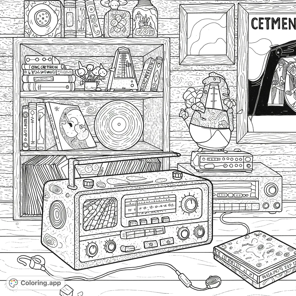 Explore a cozy retro music room with a vintage radio, bookshelf, and classic audio gear. A detailed free printable coloring page for all ages.