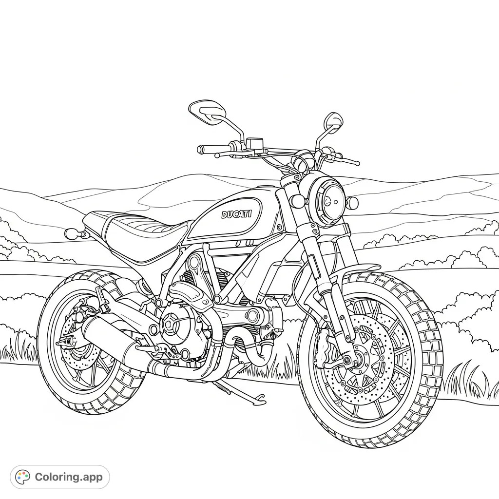 Experience the thrill of the open road with this retro-style Scrambler motorcycle. Perfect for enthusiasts who love bikes and simple, adventurous landscapes.