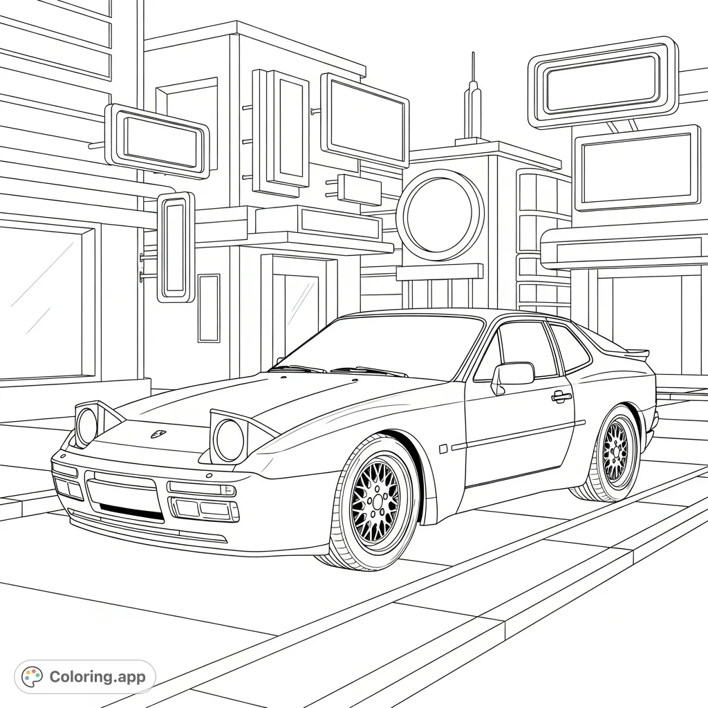 Color a classic sports car in a retro street scene with glowing neon shapes and geometric urban elements. Perfect for car enthusiasts and retro art lovers.
