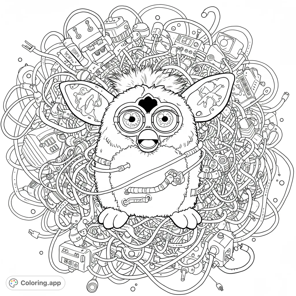 An intricate retro-tech creature coloring page featuring a fluffy, wide-eyed character nestled in a chaotic tangle of wires, plugs, and electronic components.