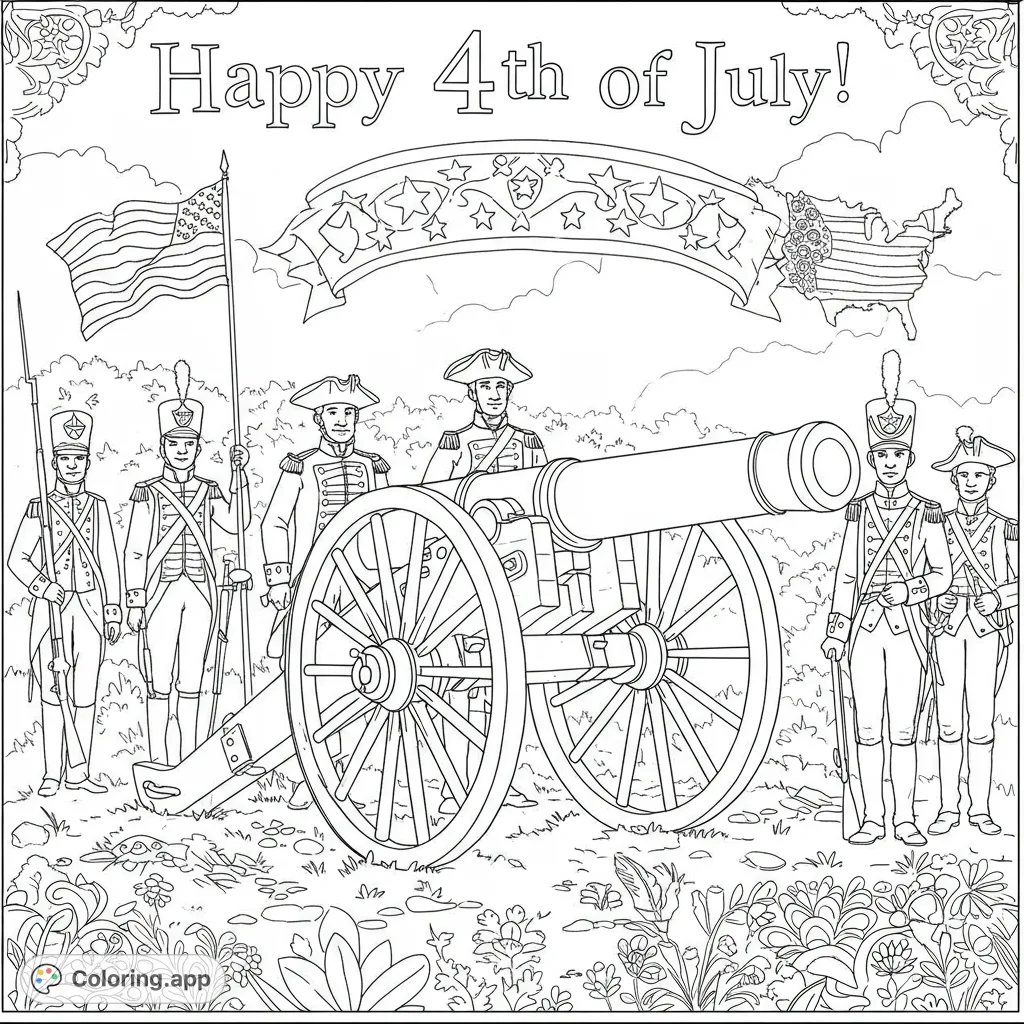 A patriotic Revolutionary War scene featuring soldiers, a cannon, and the American flag, perfect for a free printable coloring page.