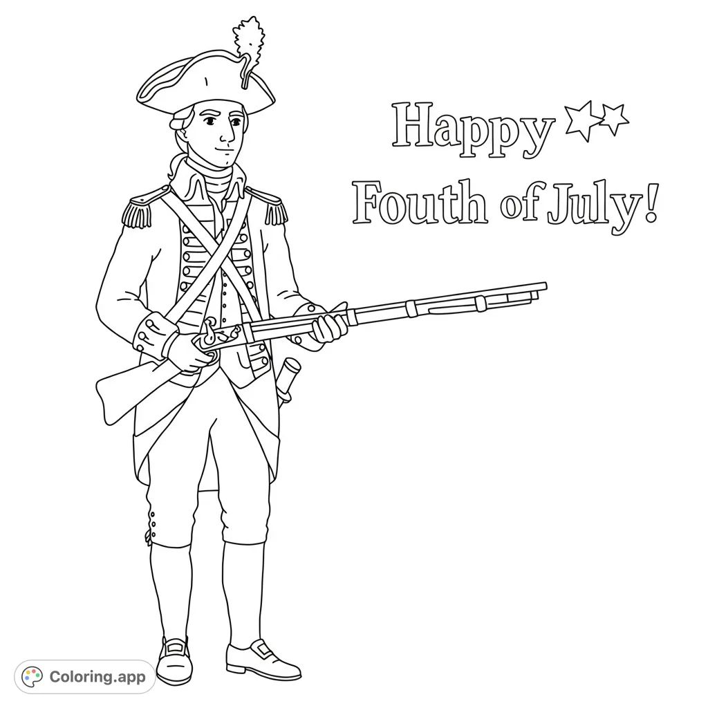 A detailed Revolutionary War soldier coloring page, perfect for history enthusiasts and patriotic celebrations. Free printable for all ages.