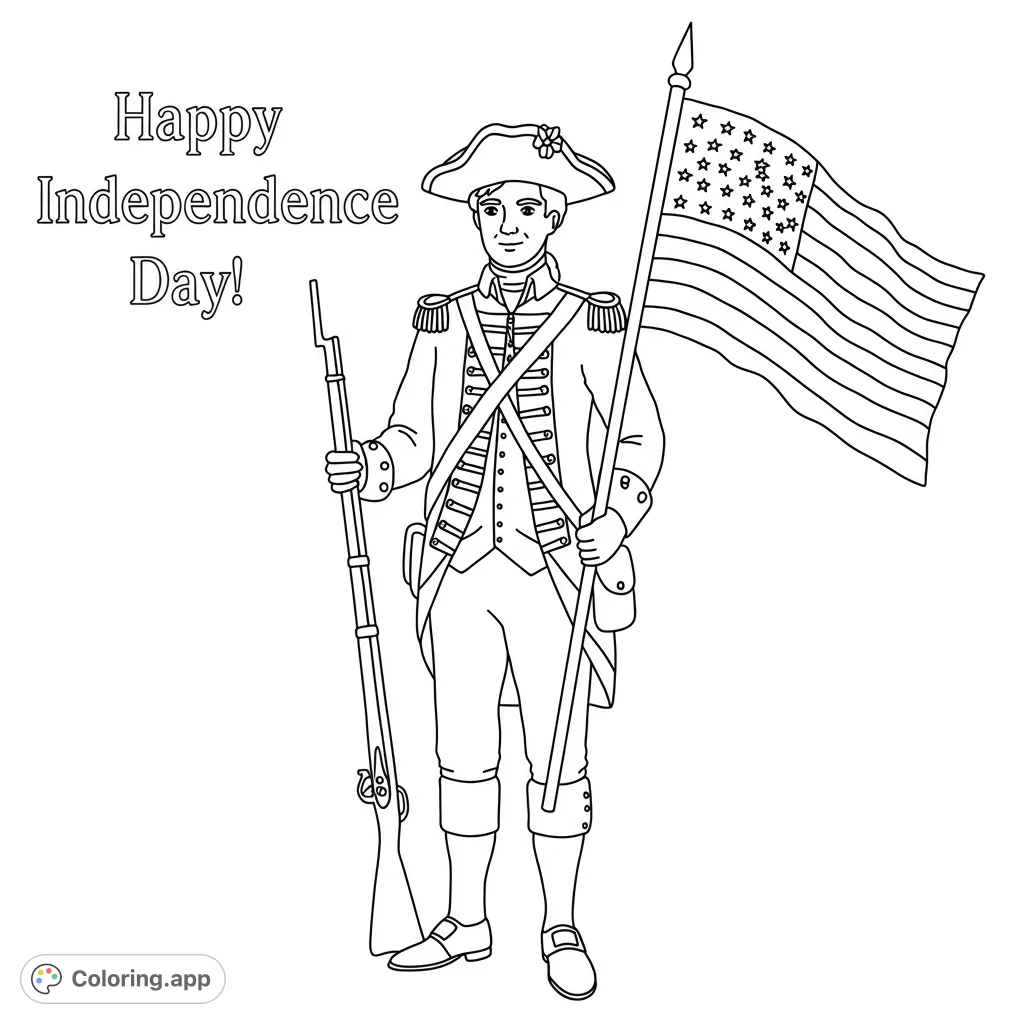 A proud Revolutionary War soldier stands with a musket and a waving American flag, ready for patriotic coloring fun. A free printable historical coloring page.