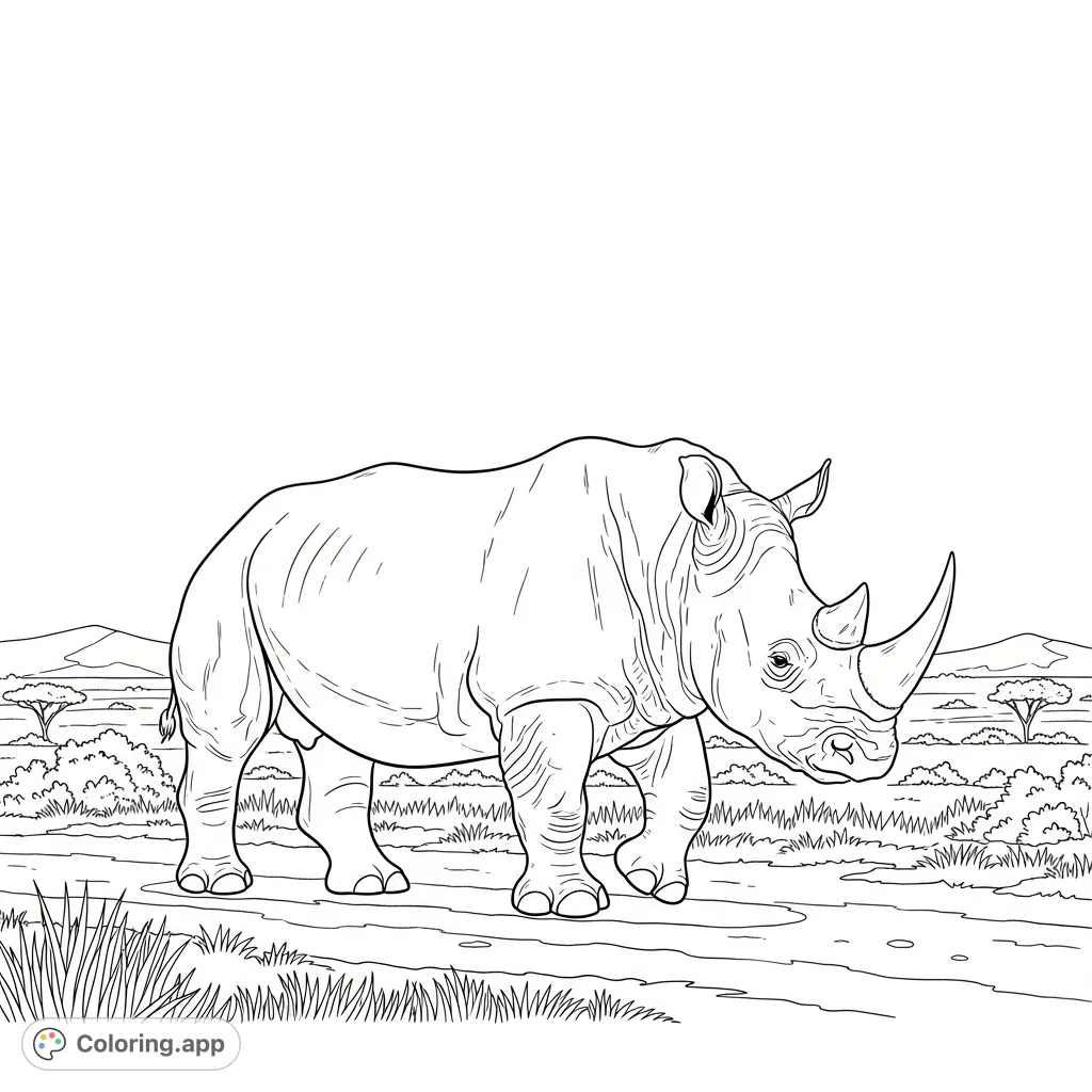 Color a powerful rhinoceros traversing a wide, dusty path under an open sky, with sparse vegetation and distant hills adding depth to the scene.
