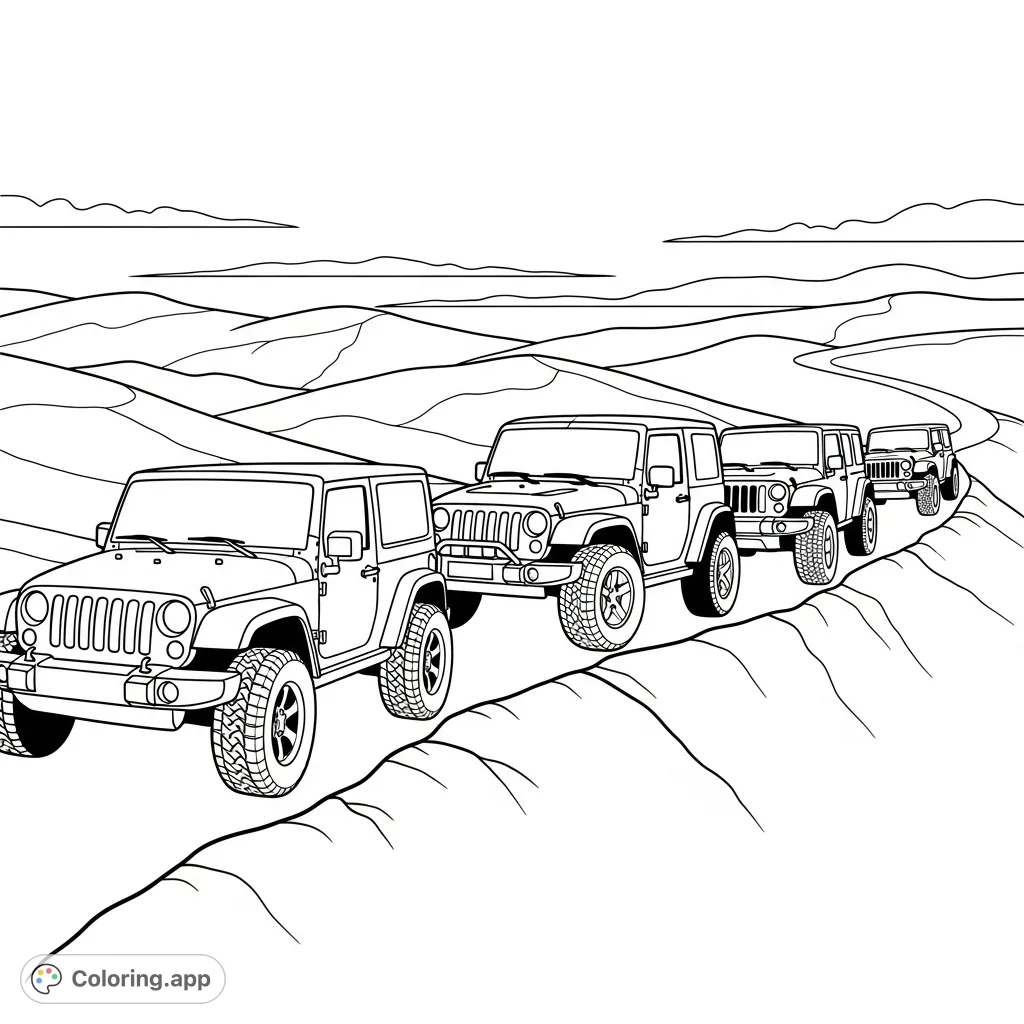 Color a thrilling scene featuring a convoy of bold, simplified Jeep-style vehicles navigating a winding ridgeline trail beneath an open sky.