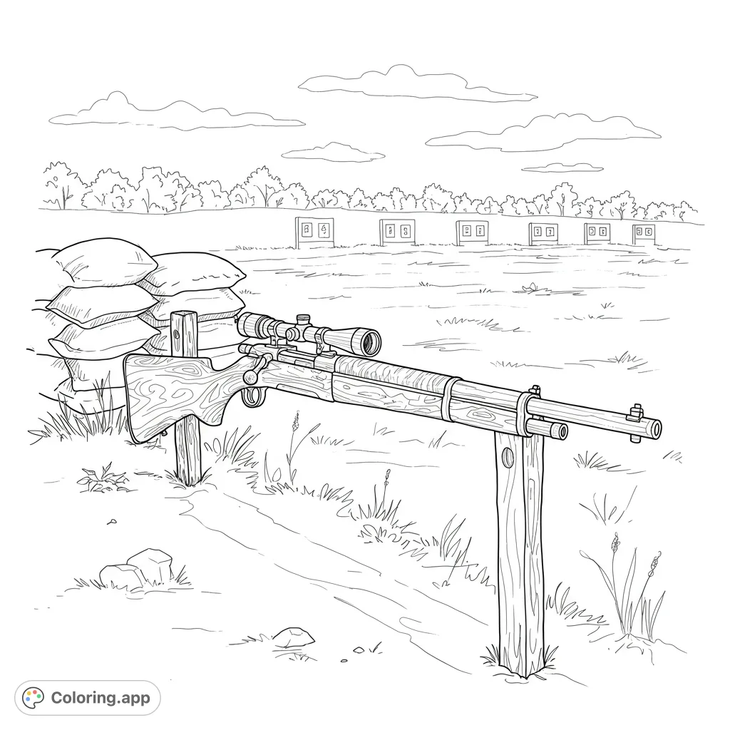 Detailed rifle range coloring page featuring a scoped rifle, sandbags, and targets. Perfect for enthusiasts seeking a free printable coloring page.