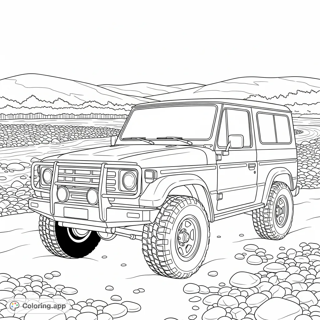 An rugged 4x4 vehicle parked serenely by a winding riverbed filled with smooth, oversized stones. A perfect scene for adventure and nature enthusiasts.