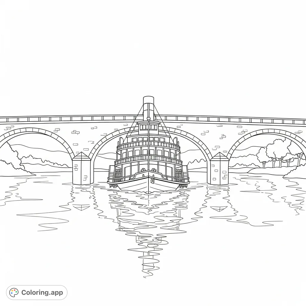 A classic riverboat smoothly navigates beneath a low, multi-arched stone bridge, with simplified water ripples and distant shorelines for a serene scene.