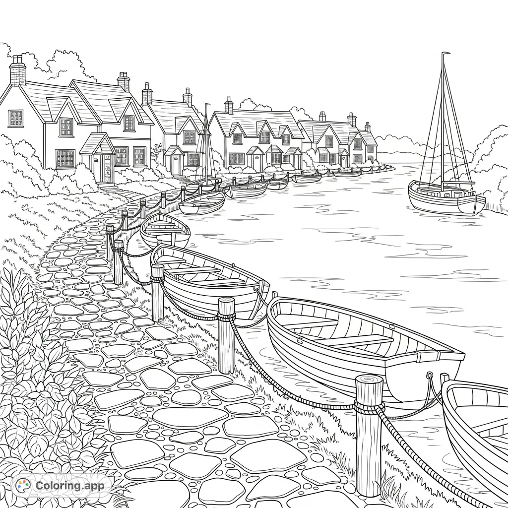 A tranquil riverside scene featuring a winding path, quaint cottages with architectural details, and various boats gently moored along the water's edge, inviting calm.