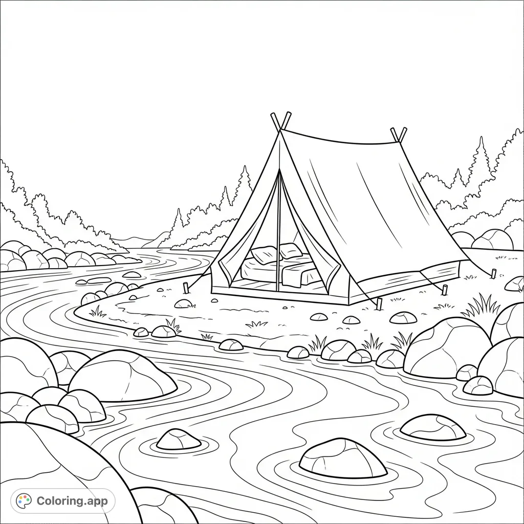 A serene coloring page featuring a cozy tent beside a gently flowing river with smooth rocks and distinct ripples, set against a backdrop of distant trees.