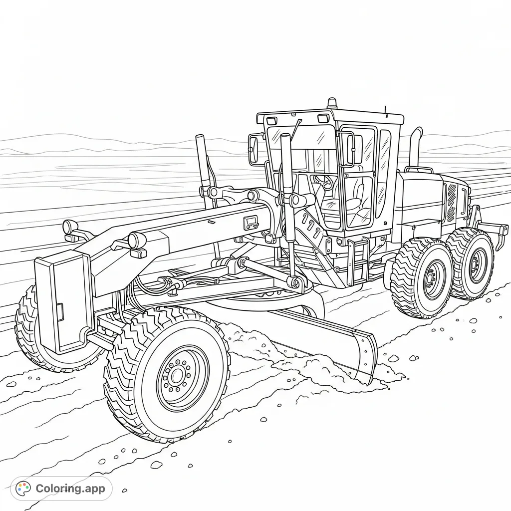 A detailed coloring page featuring a powerful road grader with its articulated frame, leveling a vast dirt surface at a construction site.