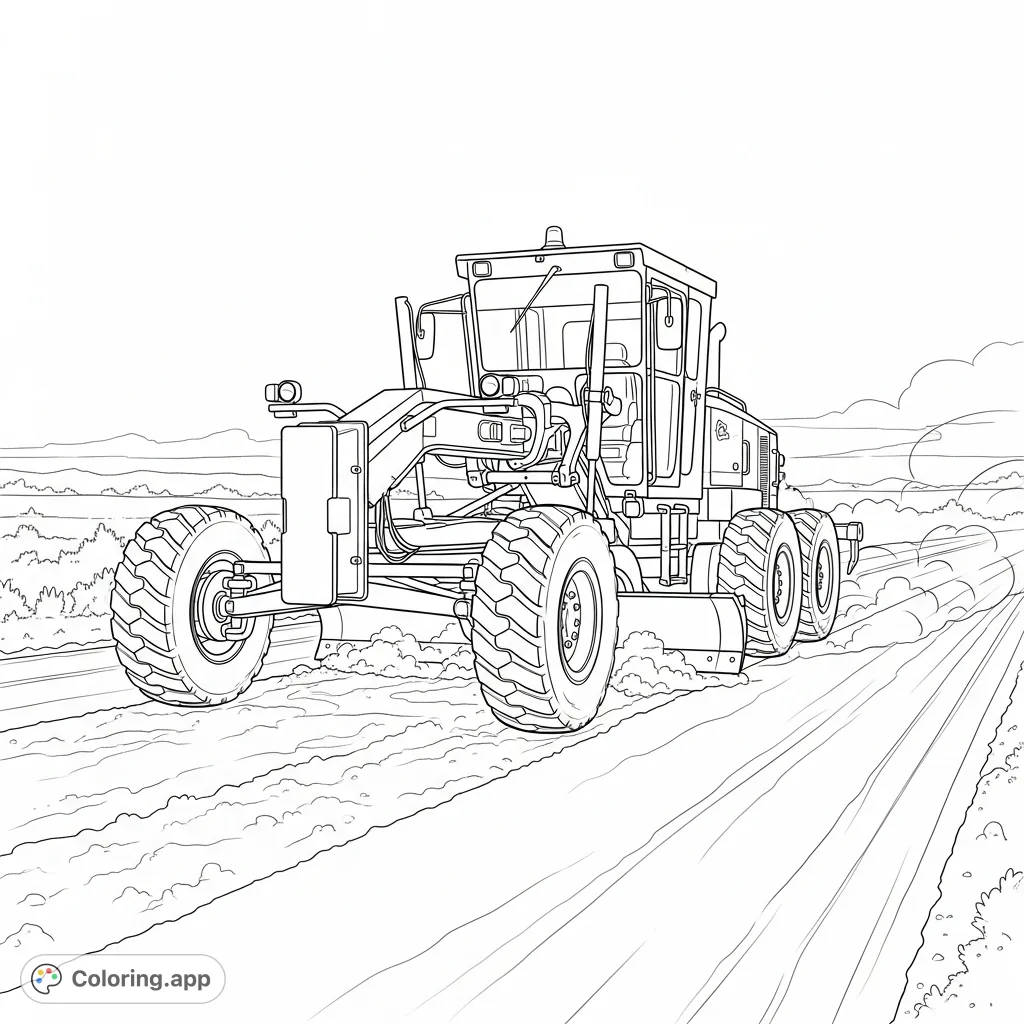 Color a powerful road grader meticulously smoothing a dirt road, featuring intricate machinery details and a textured ground, perfect for vehicle enthusiasts.