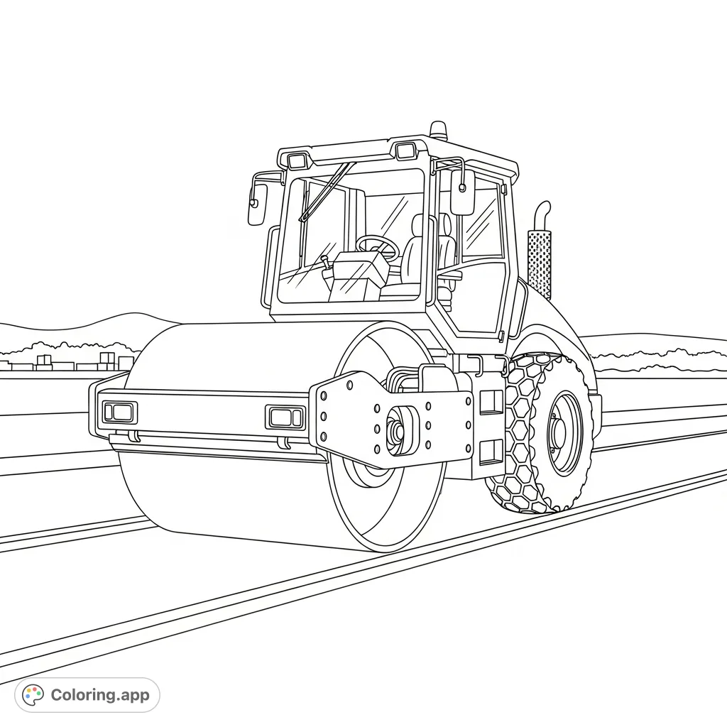 Detailed coloring page featuring a large road roller diligently flattening fresh asphalt on a construction site, perfect for creative coloring.