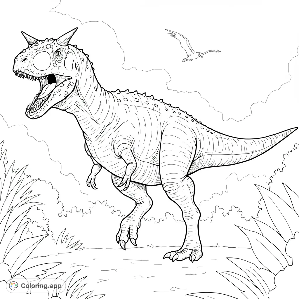A fierce Carnotaurus roars in a prehistoric jungle, with a flying Pterodactyl overhead. A thrilling dinosaur coloring page for all ages.