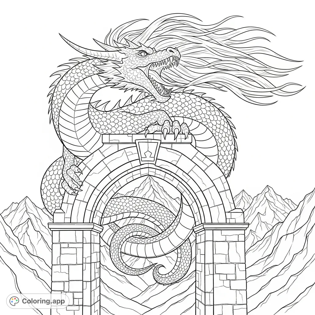 A powerful dragon roars atop a majestic stone archway, its mane wind-swept, set against a dramatic mountain landscape. Intricate details invite creative coloring.