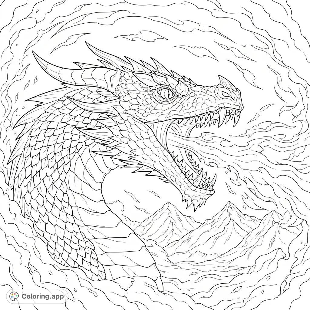 Unleash your creativity with this fierce dragon, roaring amidst swirling flames. Detailed scales and dynamic fire offer an exciting coloring adventure.