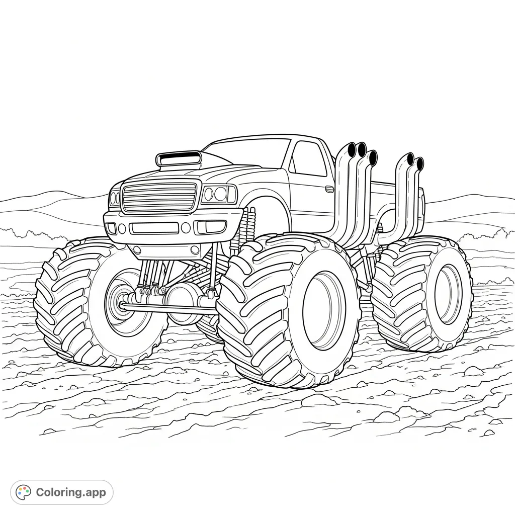 A powerful monster truck with a raised hood scoop and side exhaust pipes, parked imposingly on a rugged dirt field. Ready for action!