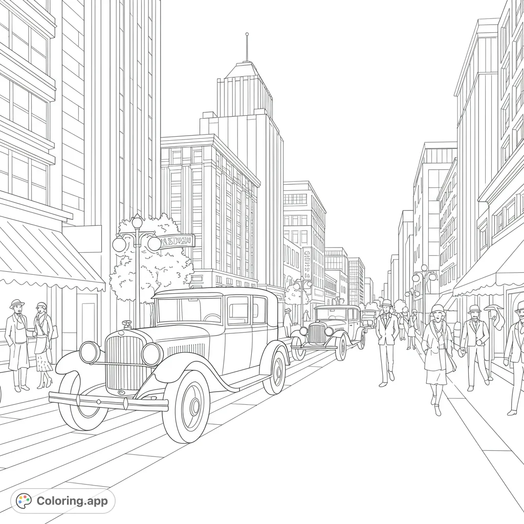Step back in time with this 1920s city street coloring page, featuring vintage cars, period-dressed people, and classic architecture.