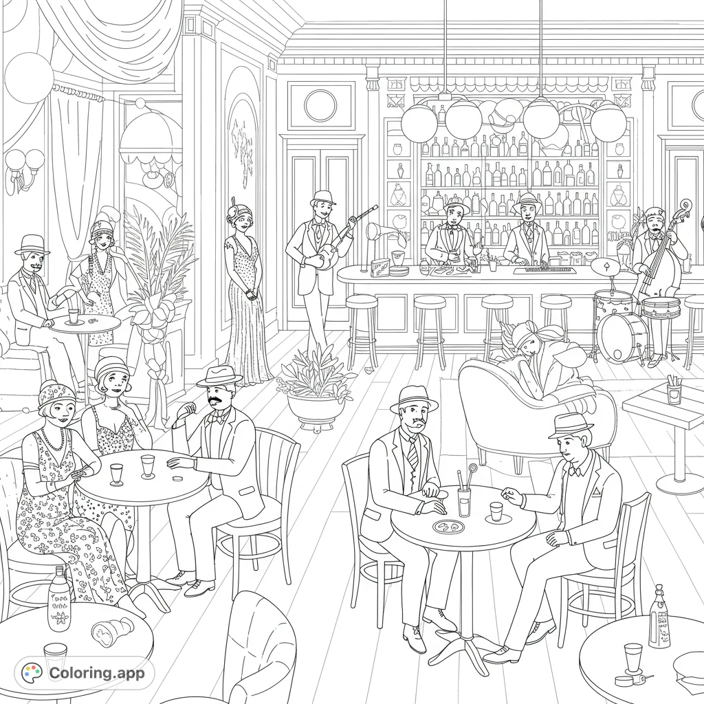 Step into a vibrant 1920s jazz club scene, featuring flappers, dapper gentlemen, and a lively band. A free printable coloring page for adults and teens.