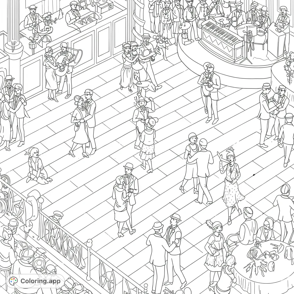 Step back into the Roaring Twenties with this lively party scene. Flappers and dapper gentlemen dance and mingle, with a jazz band playing on stage.
