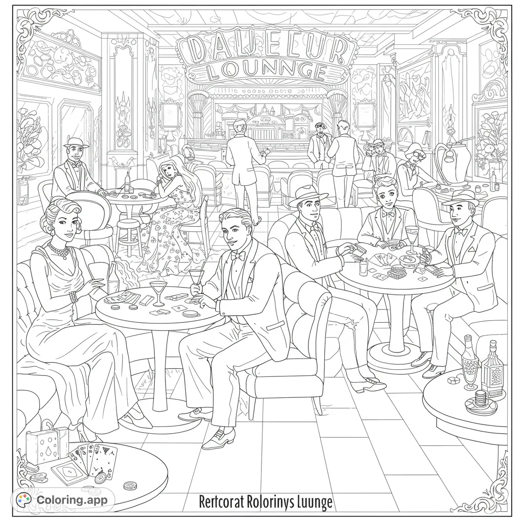 Step into a vibrant 1920s lounge with elegantly dressed patrons socializing, playing cards, and enjoying cocktails in a detailed Art Deco setting. A free printable vintage coloring page.