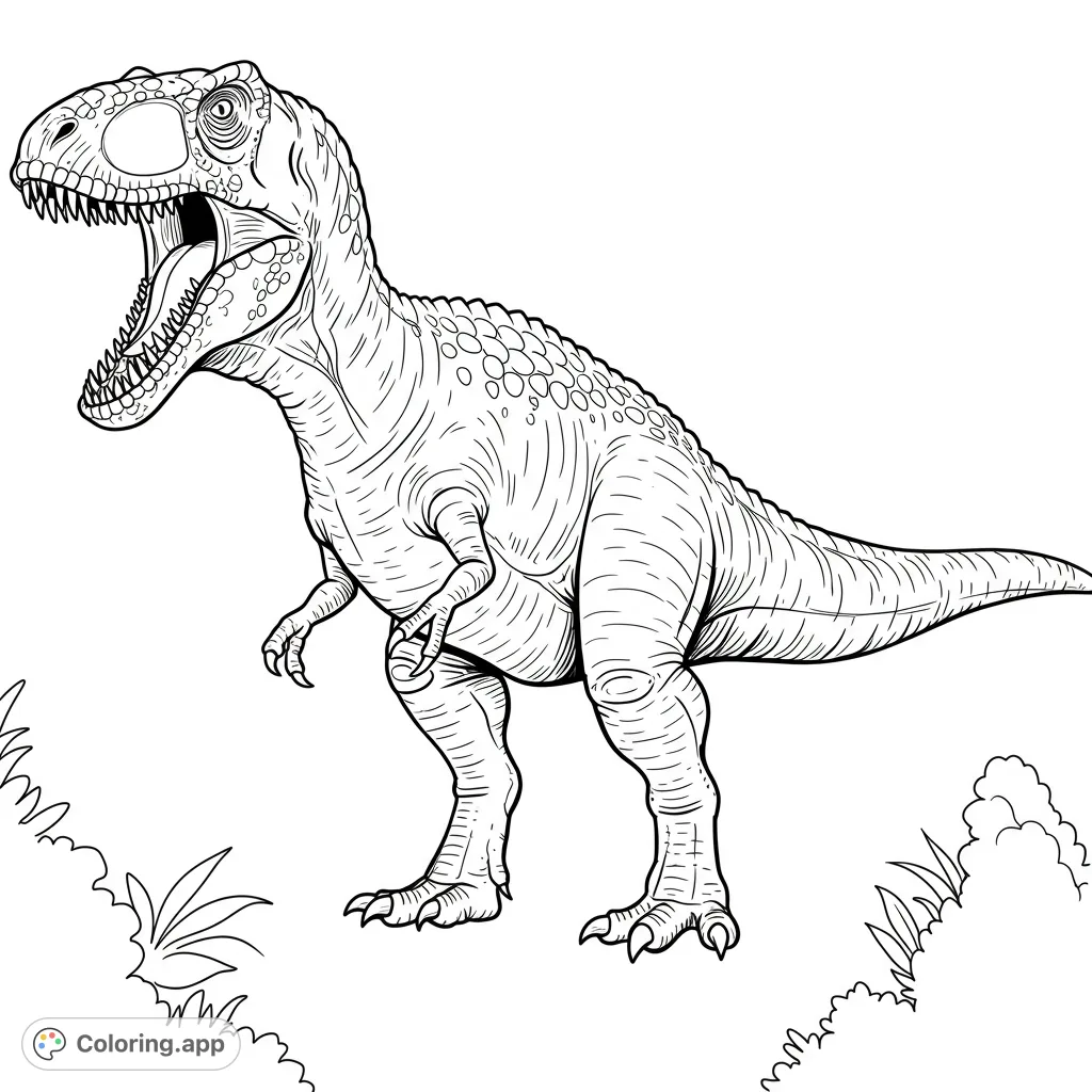 A powerful T-Rex roars, showcasing detailed scales and sharp teeth. A thrilling dinosaur coloring page for all ages, perfect for prehistoric adventures.