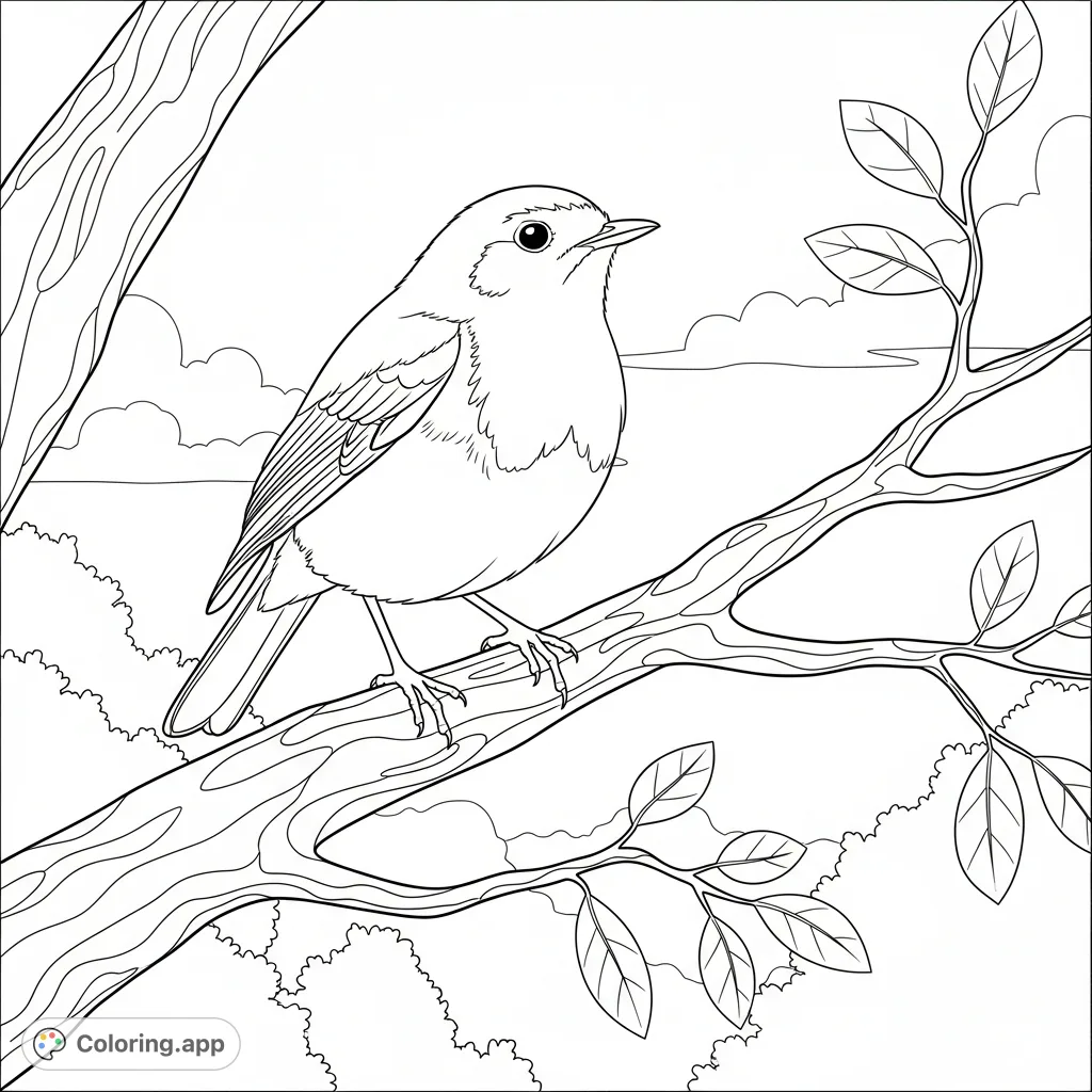A charming robin perches on a gnarled tree branch, observing its natural surroundings. Features a plump bird and detailed foliage, ideal for nature lovers.