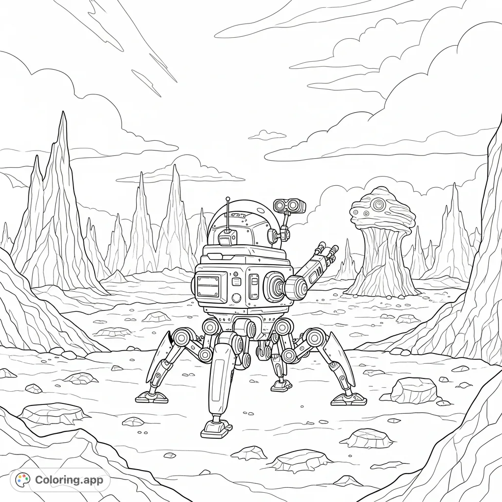 An adventurous robot explores a rocky alien planet, featuring unique geological structures and a vast, unknown landscape for coloring.