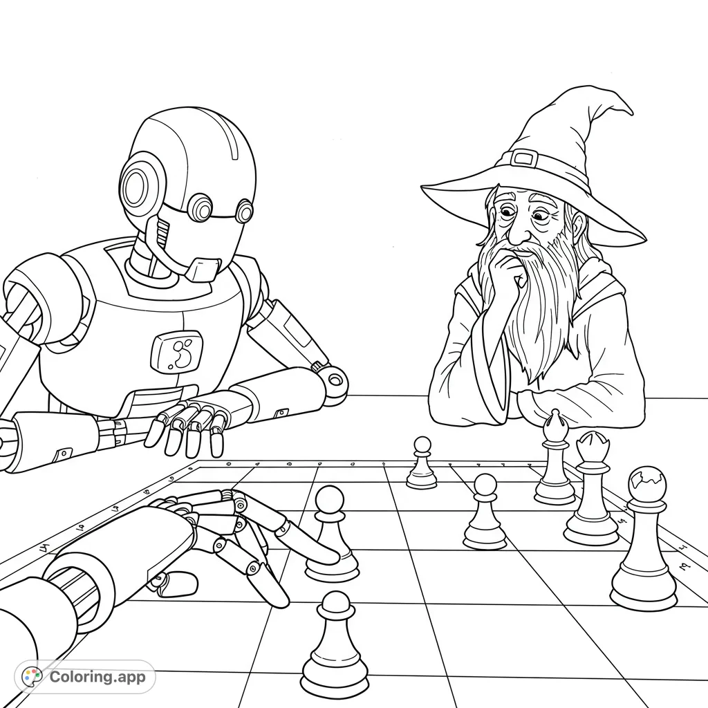 A captivating robot vs. wizard chess match. Intricate details for a unique sci-fi fantasy coloring page. Free printable coloring page for all ages.