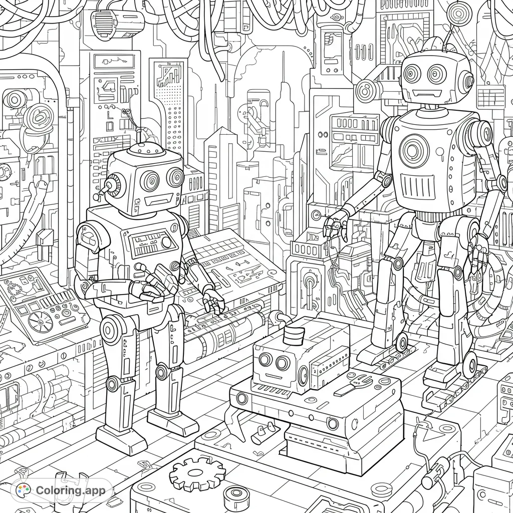 Explore a detailed futuristic robot workshop with two busy robots amidst intricate machinery, control panels, and a cityscape backdrop. A captivating sci-fi adventure awaits your colors!