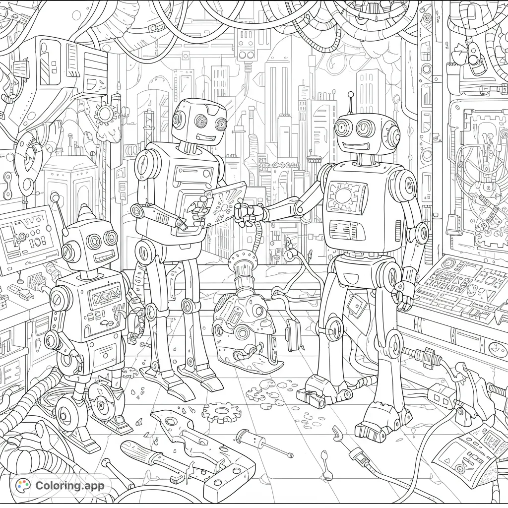 Explore a detailed futuristic robot workshop with three friendly robots, scattered tools, and a cityscape view. A free printable robot coloring page for all ages!