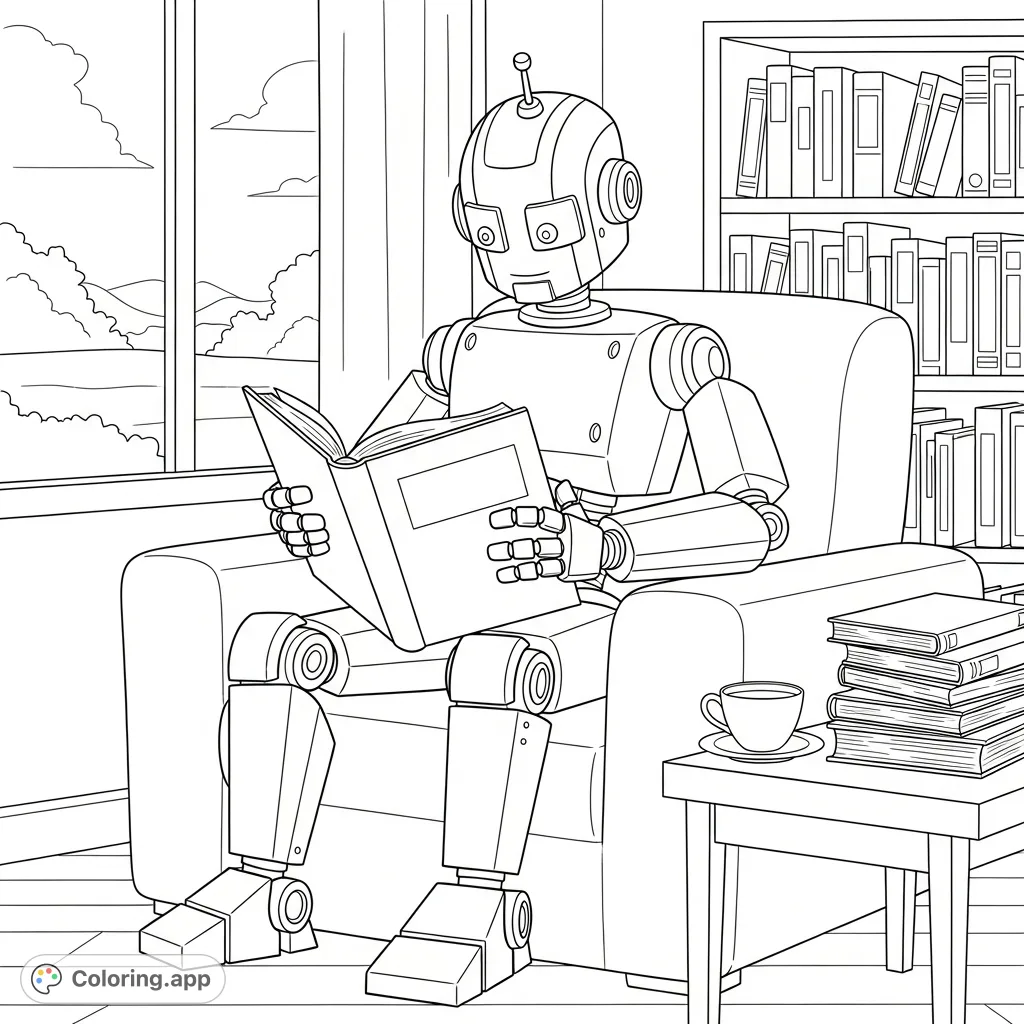 A charming robot enjoys a peaceful moment, engrossed in a book while seated in a comfy armchair amidst a quiet, organized room filled with books and a window view.