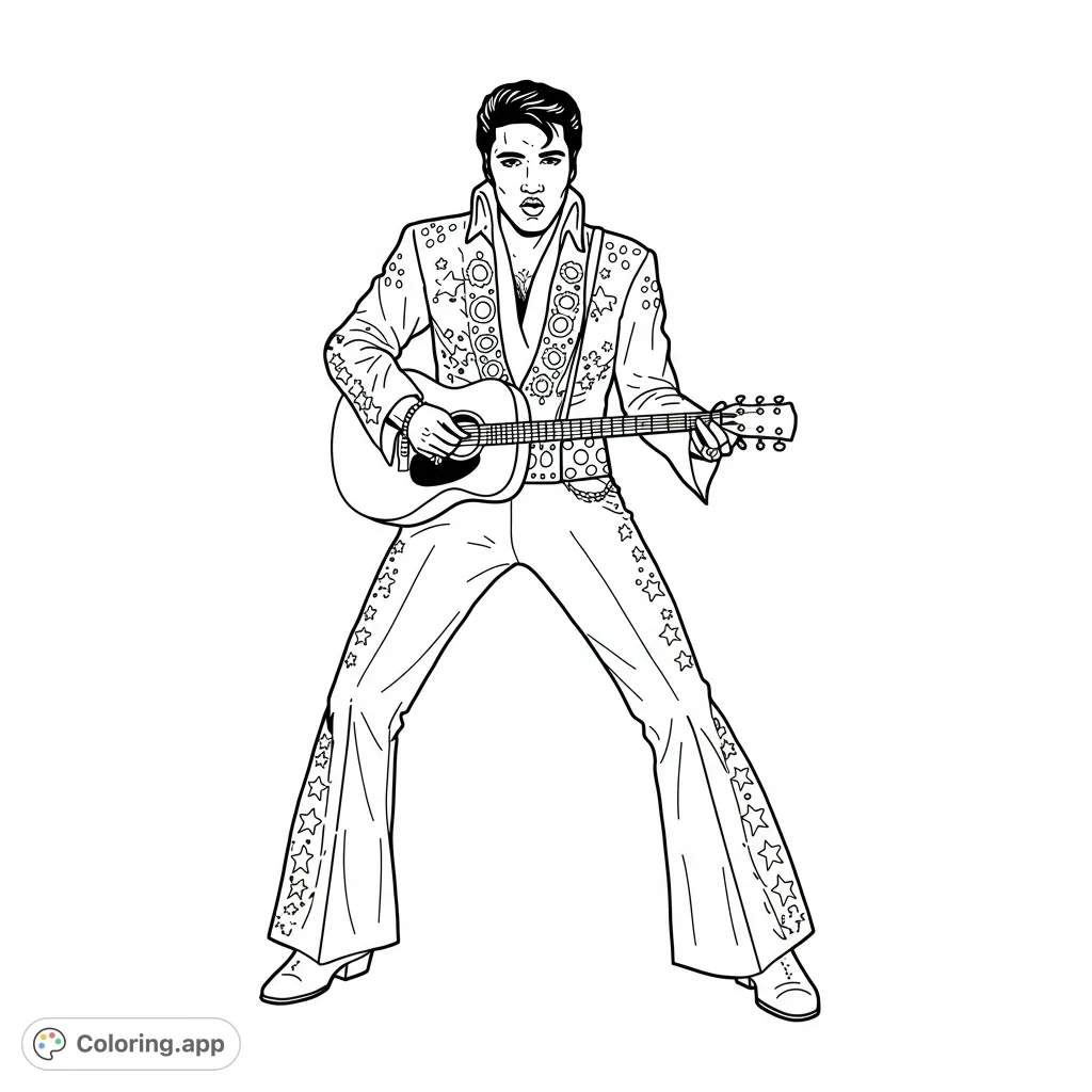 Iconic rock and roll legend in a dazzling jumpsuit, playing guitar. A free printable Elvis Presley coloring page for music fans of all ages.