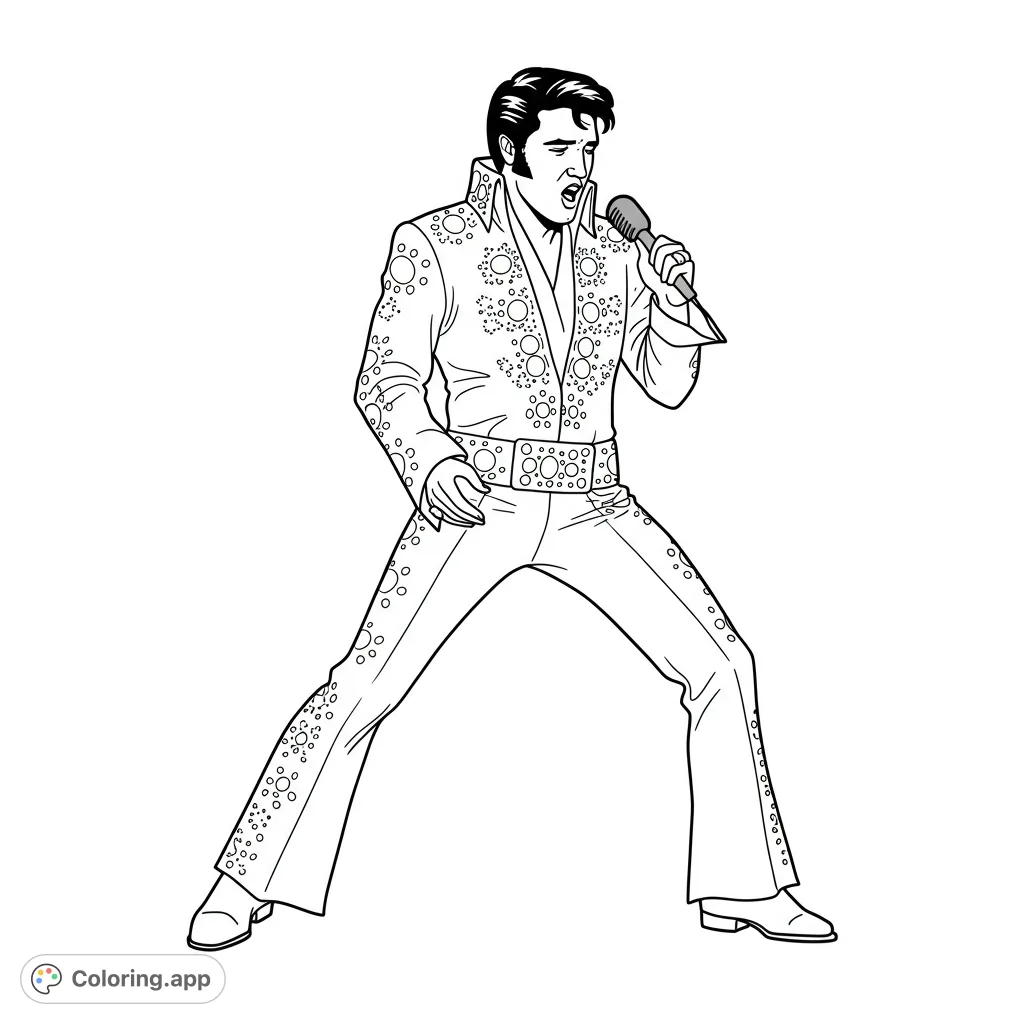 Capture the iconic energy of a rock and roll legend in his dazzling jumpsuit. A free printable Elvis Presley coloring page for music fans of all ages.