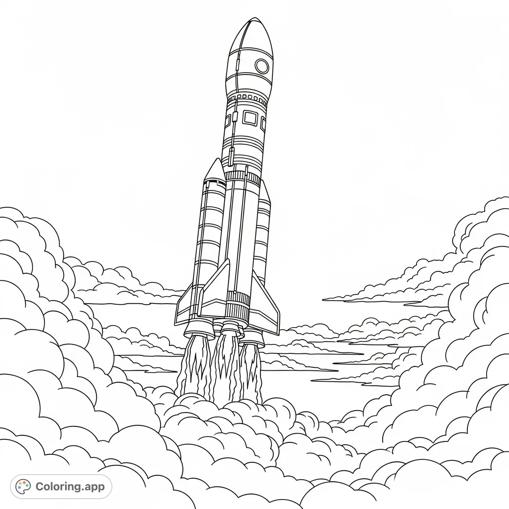 Color a majestic multi-stage rocket ascending through fluffy cumulus clouds, with a powerful exhaust plume, against a vast open sky backdrop.