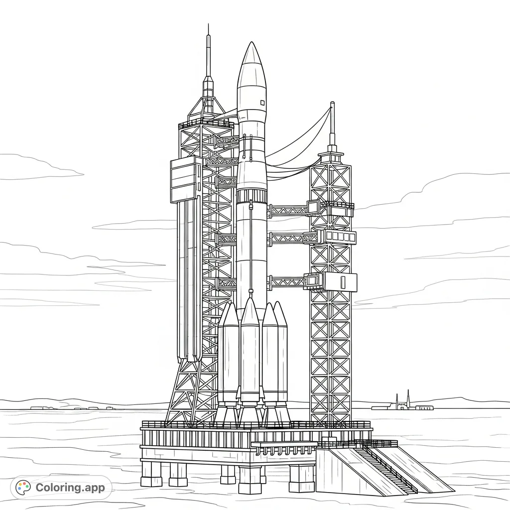 A detailed coloring page featuring a towering multi-stage rocket awaiting launch on a sturdy metal launch pad with service tower and distant landscape.