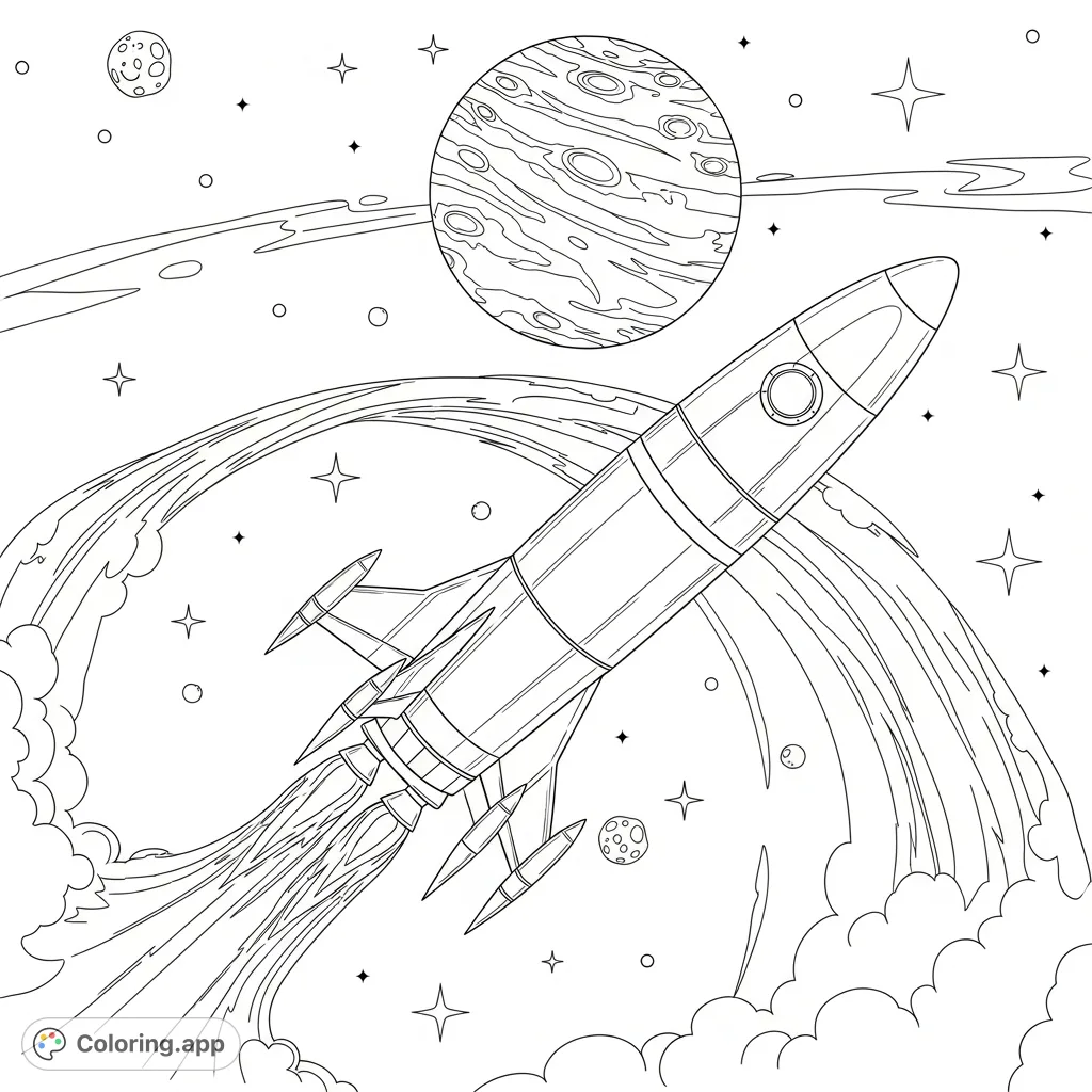 A futuristic rocket on an interstellar journey, soaring past a detailed distant planet with craters and clouds, set against a star-filled cosmos. An adventurous space scene awaits your colors!