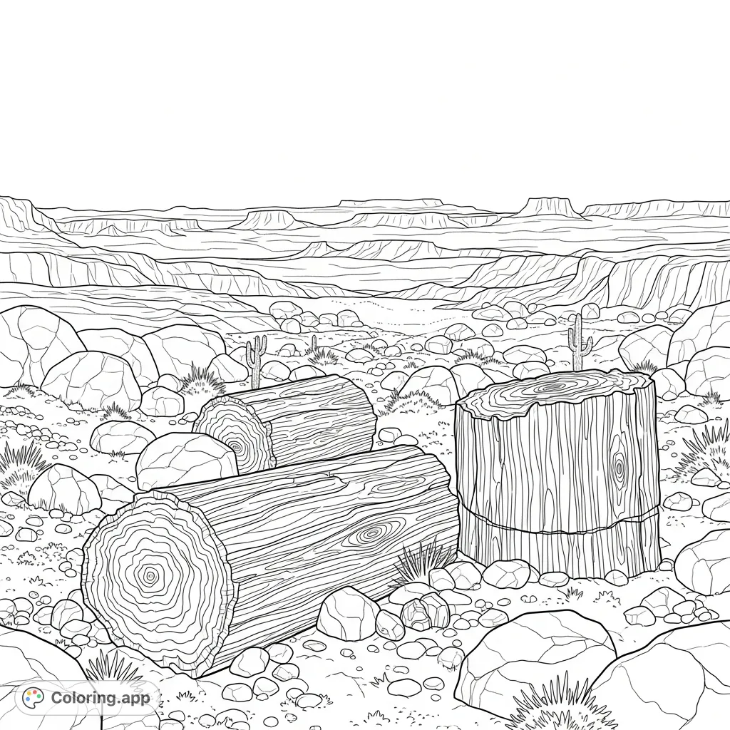 Explore a rugged desert scene featuring ancient petrified logs with detailed wood grain, varied boulders, and sparse desert plants under a vast sky.