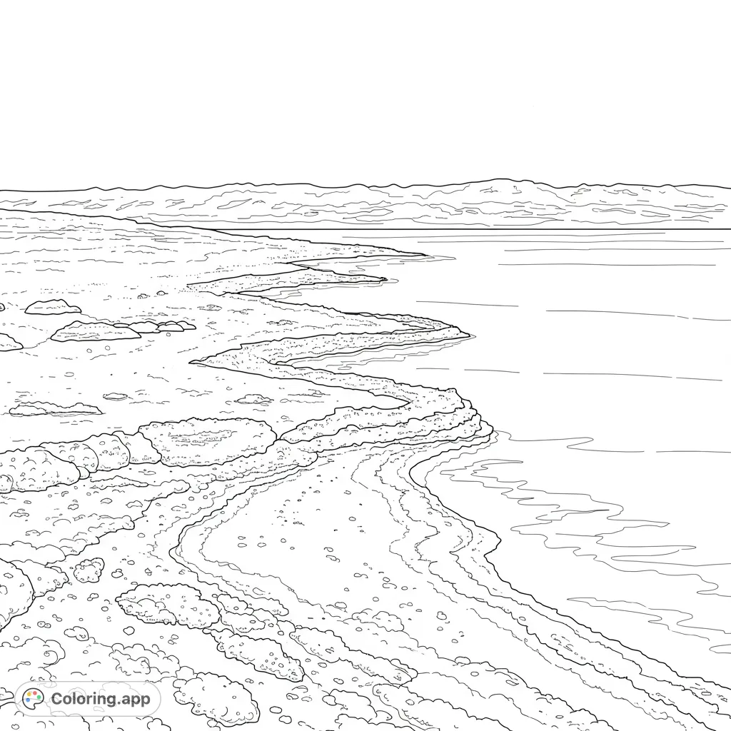 Explore a detailed rocky shoreline meeting calm waters with distant mountains. A serene nature coloring page for all ages.