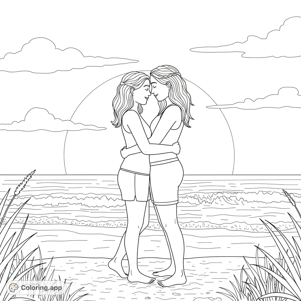 A romantic beach coloring page featuring two women embracing at sunset, with ocean waves and tall grass. A serene and heartfelt scene.