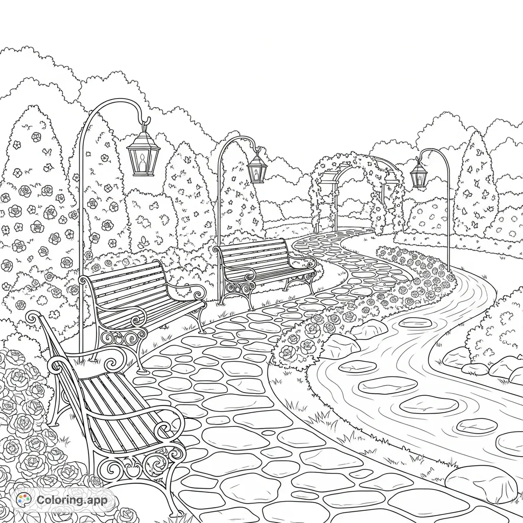 Discover a tranquil garden path featuring elegant wrought-iron benches, glowing lanterns, and meticulously trimmed hedges. A serene scene perfect for relaxation.
