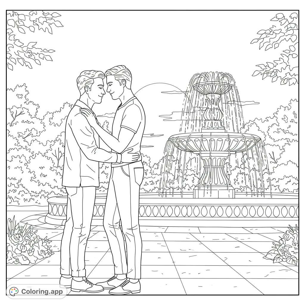 Two men share a tender embrace in a beautiful park with a grand fountain, creating a romantic and serene scene for a free printable coloring page.