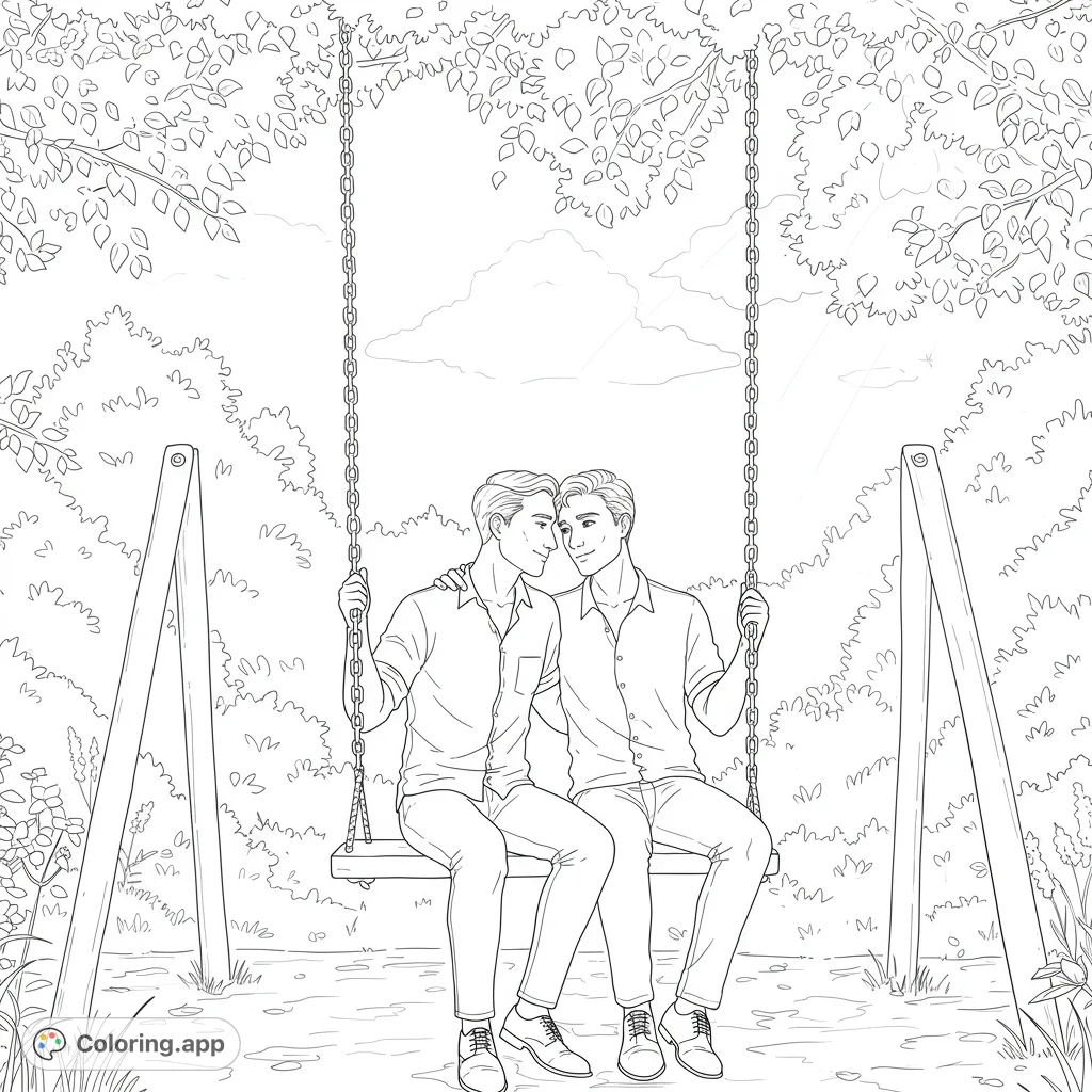 A heartwarming free printable coloring page featuring two men sharing a tender moment on a swing amidst lush nature. Perfect for love-themed coloring pages for adults.