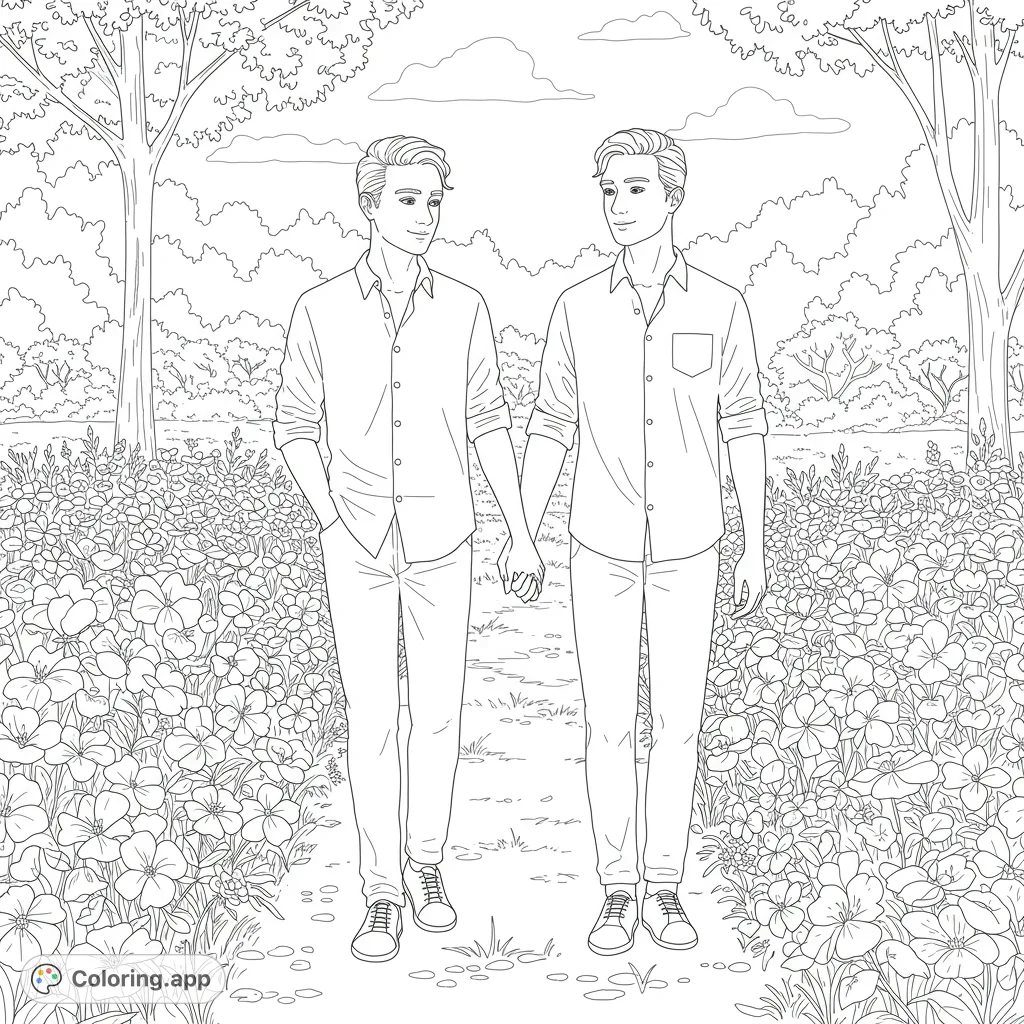 A heartwarming free printable coloring page featuring two men holding hands on a flower-lined path, perfect for celebrating love and nature.